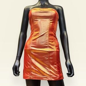 Y2K Spring Break Clubwear Urban Outfitters Metallic Orange Strapless Mini Dress